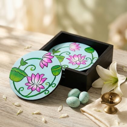 Hand Painted Wooden Double Lotus Pichwai Art Round Shape Sky Blue Color Set of 4 Coasters With Resin Layer