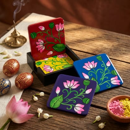 Hand Painted Wooden Pichwai Art Square Shape Multi Color Set of 4 Coasters With Resin Layer