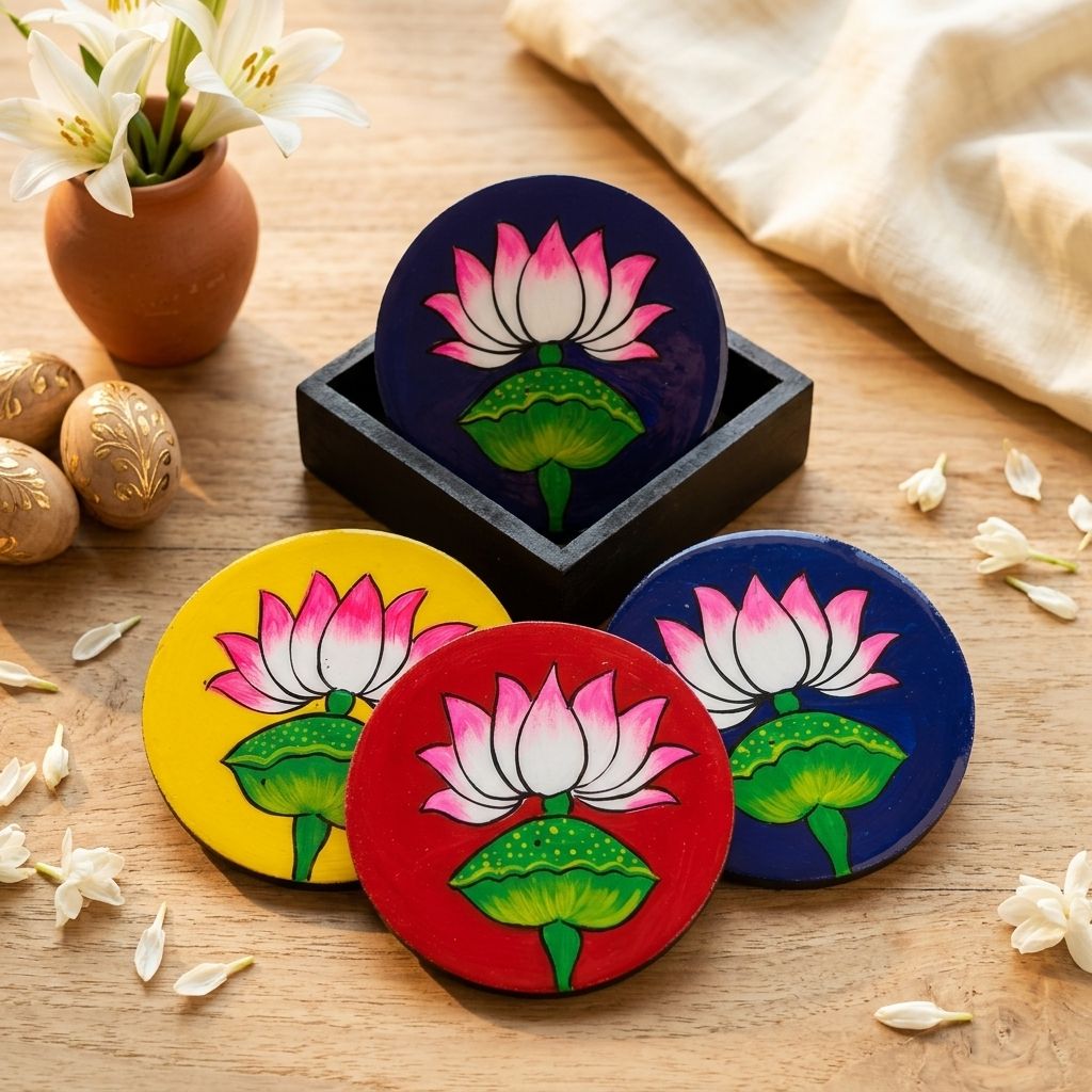 Hand Painted Wooden Pichwai Art Round Shape Multi Color Set of 4 Coasters With Resin Layer