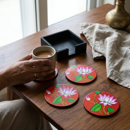 Hand Painted Wooden Pichwai Art Round Shape Red Color Set of 4 Coasters With Resin Layer