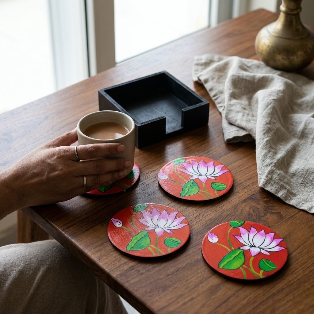 Hand Painted Wooden Pichwai Art Round Shape Red Color Set of 4 Coasters With Resin Layer