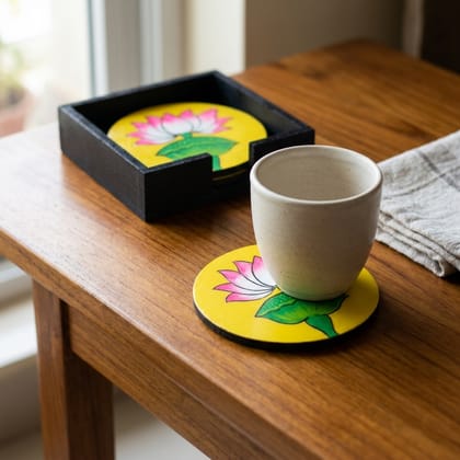 Hand Painted Wooden Pichwai Art Round Shape Yellow Color Set of 4 Coasters With Resin Layer