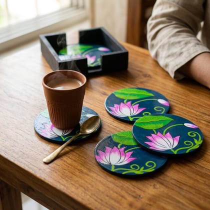 Hand Painted Wooden Pichwai Art Round Shape Dark Blue Color Set of 4 Coasters With Resin Layer