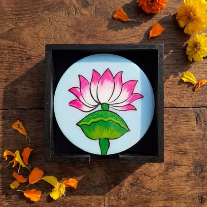 Hand Painted Wooden Large Lotus Pichwai Art Round Shape Sky Blue Color Set of 4 Coasters With Resin Layer