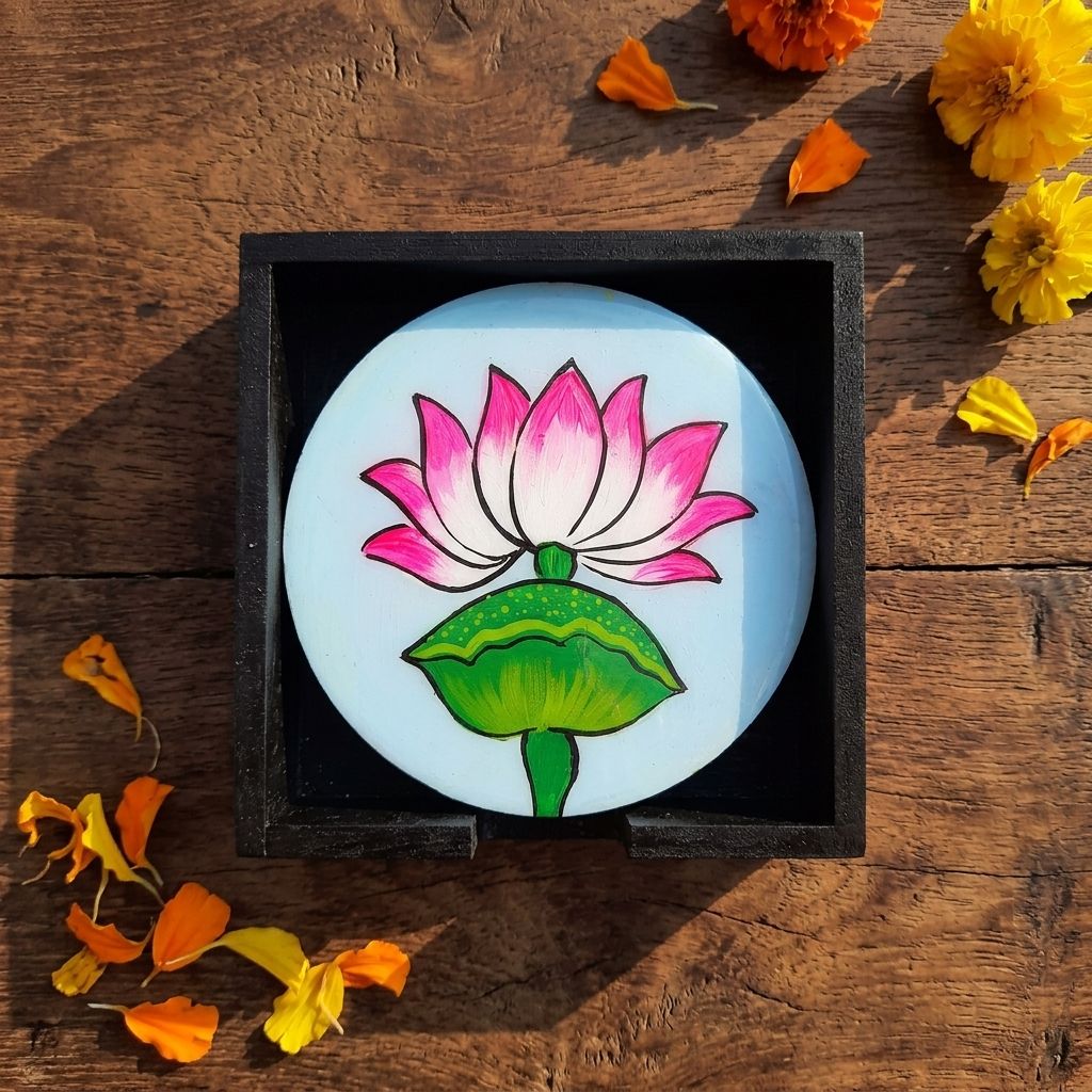 Hand Painted Wooden Large Lotus Pichwai Art Round Shape Sky Blue Color Set of 4 Coasters With Resin Layer