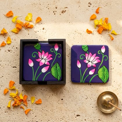 Hand Painted Wooden Pichwai Art Square Shape Violet Color Set of 4 Coasters With Resin Layer