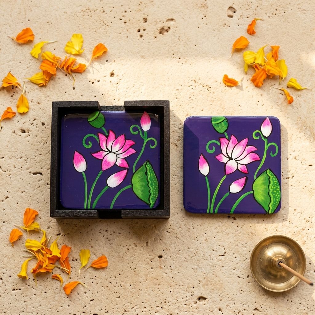 Hand Painted Wooden Pichwai Art Square Shape Violet Color Set of 4 Coasters With Resin Layer