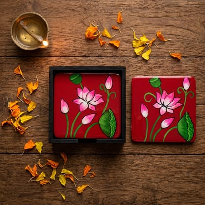 Hand Painted Wooden Pichwai Art Square Shape Red Color Set of 4 Coasters With Resin Layer