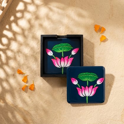 Hand Painted Wooden Pichwai Art Square Shape Dark Green Color Set of 4 Coasters With Resin Layer