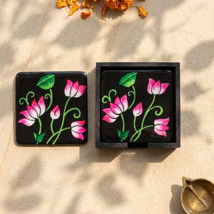 Hand Painted Wooden Pichwai Art Square Shape Black Color Set of 4 Coasters With Resin Layer
