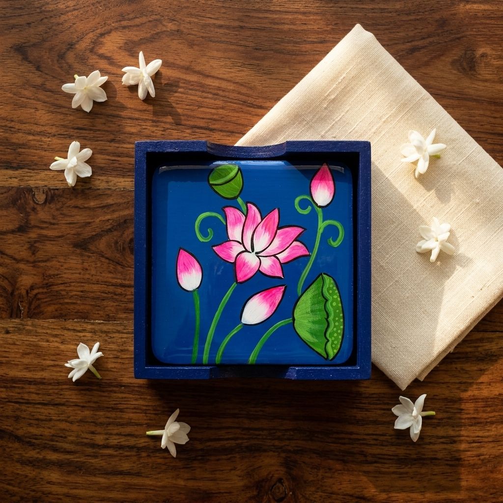 Hand Painted Wooden Pichwai Art Square Shape Blue Color Set of 4 Coasters With Resin Layer