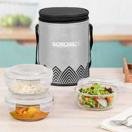 Borosil Mealbox Borosilicate Glass Lunchbox with Bag | 3 pc Round Container Set (400 ml Each) | Microwave & Dishwasher Safe, Leakproof | Tiffin for Office, School, College | Grey