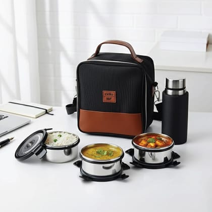 CELLO MF President Combo Stainless Steel Lunch Box with Bag, Black Leatherite | 3 x 300ml Round Steel Container, 1 x 450ml Steel Water Bottle | Airtight Clip Lock, Rust & Leakproof Office Tiffin Box