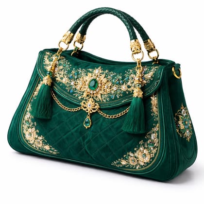 Luxury Velvet Embellished Emerald Green Handbag