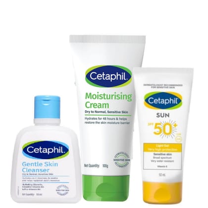 Cetaphil Gentle Skin Cleanser (118ml) + Cetaphil Moisturising Cream(100 gm) + Cetaphil Sun SPF 50 Light Gel mineral base (50 ml) Pack of 3