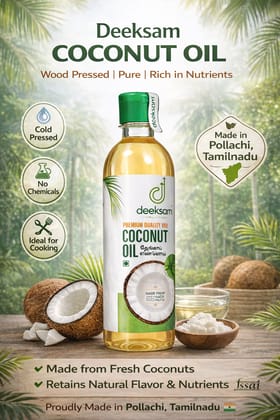Deeksam Wood Pressed Coconut Oil | Pure Chekku Thengai Ennai | 100% Natural & Unrefined | Edible Grade | 500ML Deeksam Wood Pressed Coconut Oil | Pure Chekku Thengai Ennai | 100% Natural & Unrefined | Edible Grade | 500ML