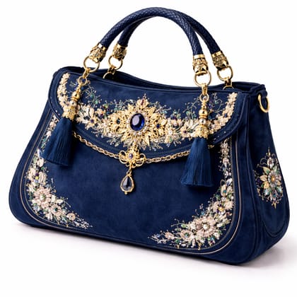 Royal Blue Embroidered Decorative Evening Handbag with Tassels and Gems