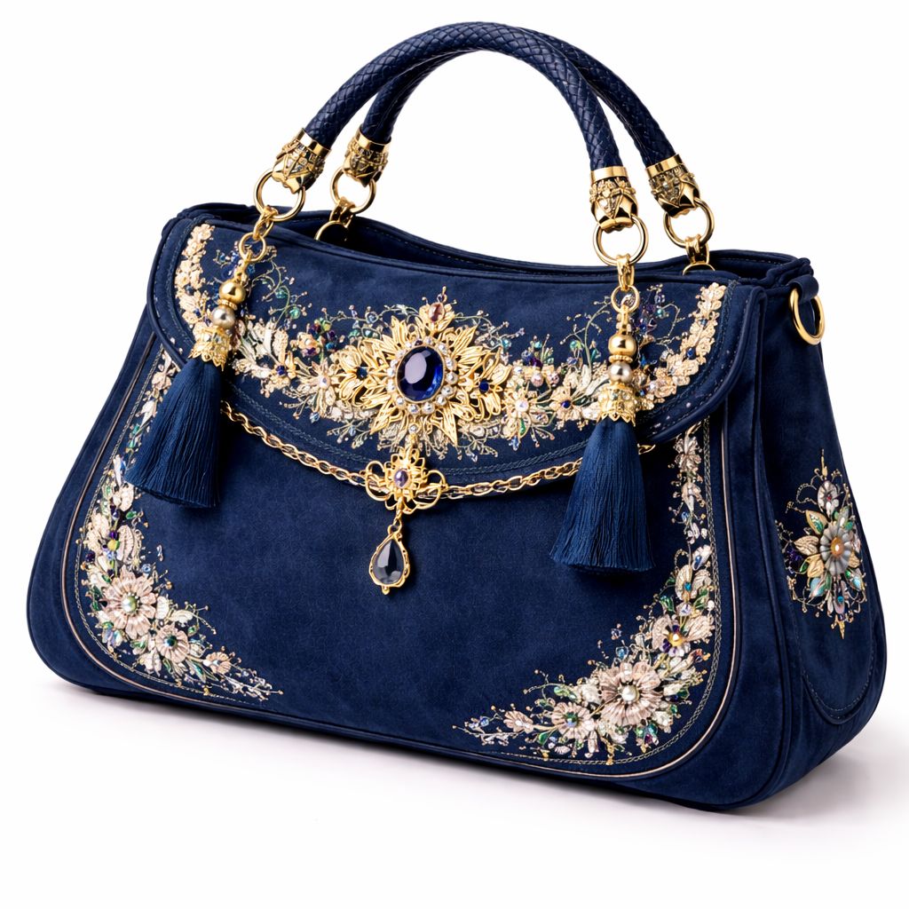 Royal Blue Embroidered Decorative Evening Handbag with Tassels and Gems
