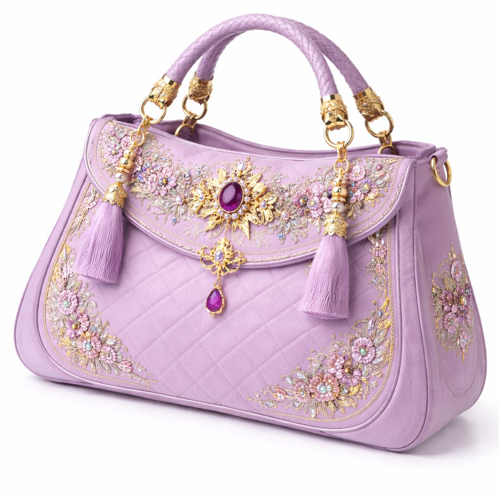 Luxury Quilted Embroidered Lavender Handbag with Tassels and Gemstones