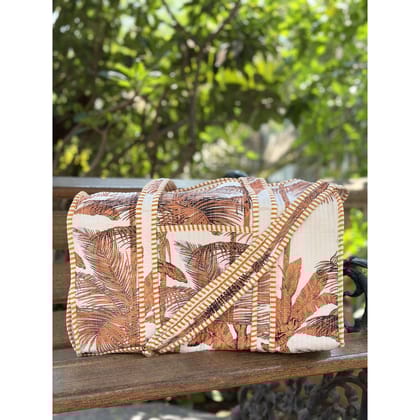 Teracotta Tropic  Block Print Quilted  Cotton Weekender Duffle Bag With Sling Belt Beige 18"X18"