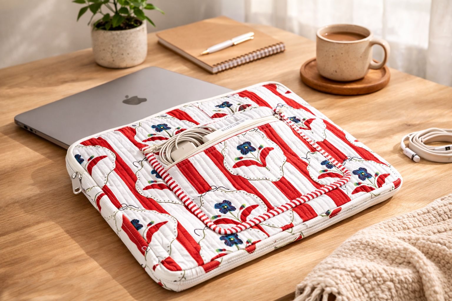Amber Lines Block Print Quilted Cotton Laptop Sleeve With Front Pocket Red 10"X15"