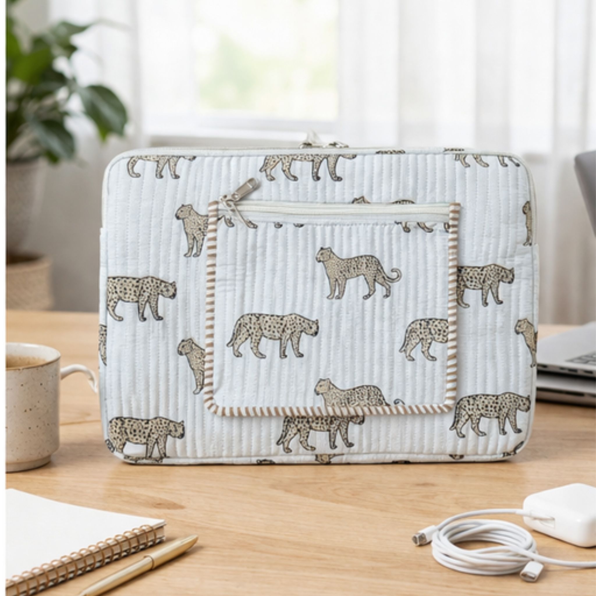 Wild Roar  Block Print Quilted  Cotton Laptop Sleeve With Front Pocket White 10"X15"