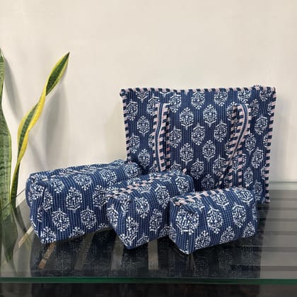 Indigo Petal Block Print Quilted Cotton Tote Bag With Pouch Set Of 4 Blue 15"X15"