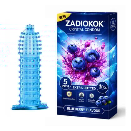 Zadiokok 5 Inch Crystal Dotted Condom Extra Dotted Blueberry Flavour, Reusable & Comfortable Fit (1 Pcs Set)
