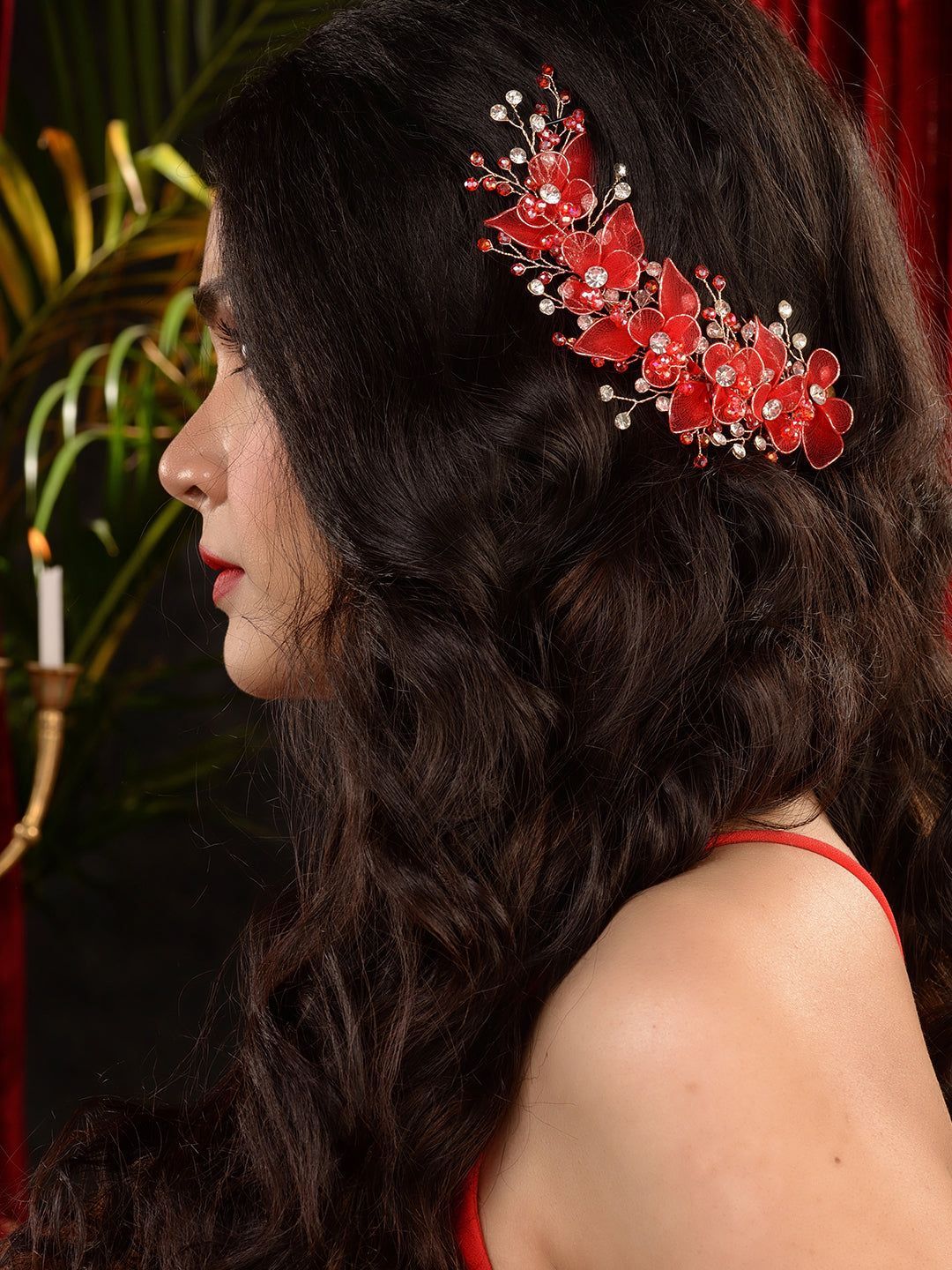 Gold Toned & Red Stocking Flowers Beaded Tiara Hair Accessory