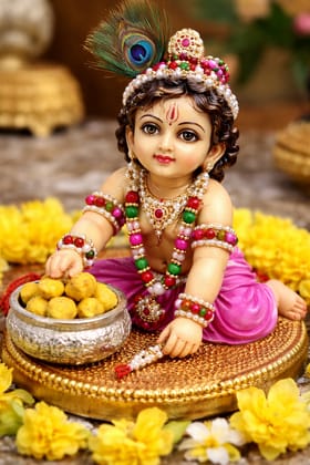 Decorative Baby Krishna Idol with Laddu Pot