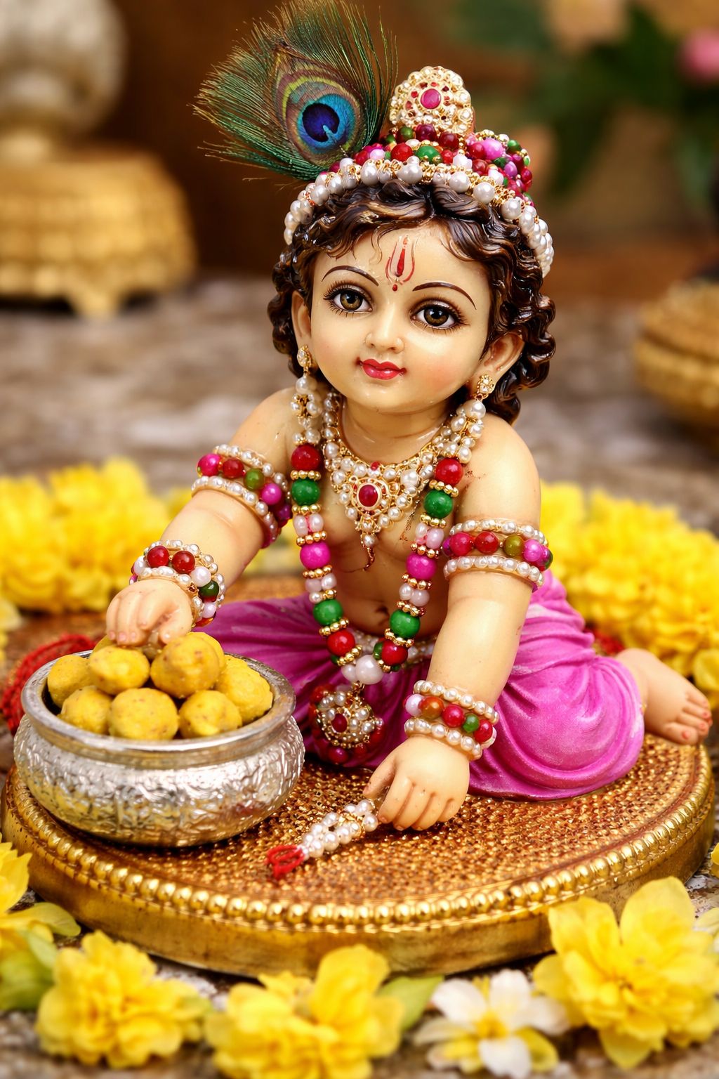 Decorative Baby Krishna Idol with Laddu Pot