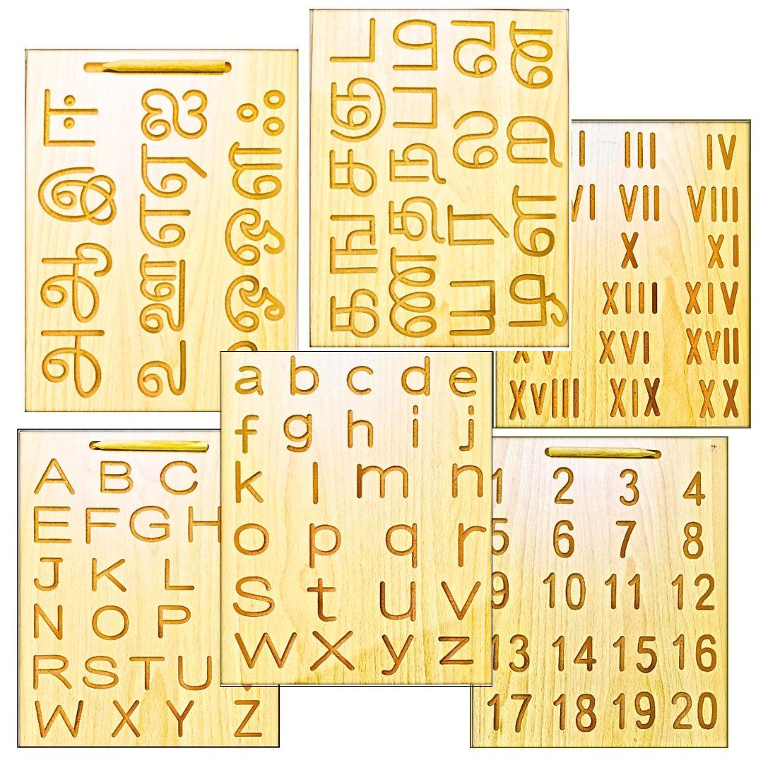 TOYJOS Wooden Tracing Board Combo Set for Kids | English, Math, Tamil Alphabet Letters Engraved Double-Sided Learning Tool | Montessori Learning Writing Slate with Stylus Pen for Ages 2�5 Years