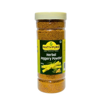 NATIVPURE Herbal Jaggery Powder | Granulated Jaggery with Herbal Blend | Suitable for Sweetening Cooking and Traditional Recipes Fine Texture Easy to Mix Ingredient - 500g