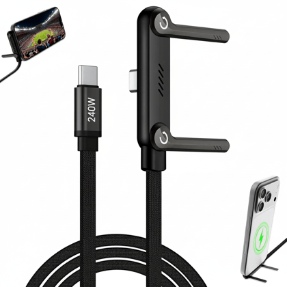 240W USB-C Fast Charging Cable with Built-in Foldable Phone Stand
