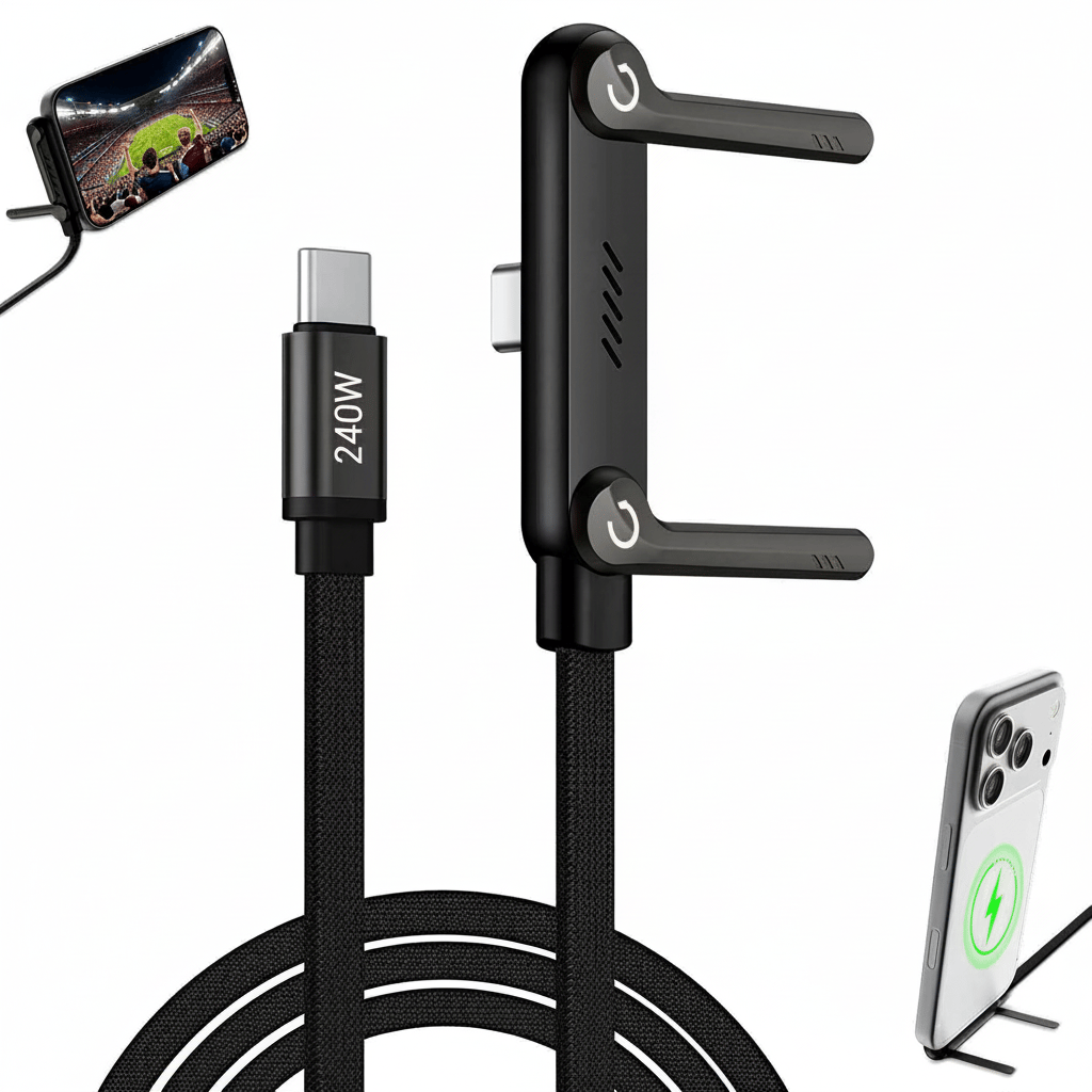 240W USB-C Fast Charging Cable with Built-in Foldable Phone Stand