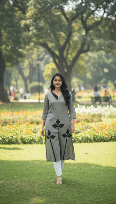 Women Pure Cotton Dark Grey A-Line Kurta with Black Applique | Daily Wear Women Pure Cotton Dark Grey A-Line Kurta with Black Applique | Daily Wear