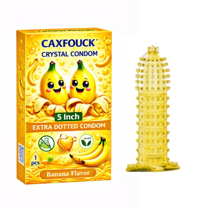 Caxfouck Crystal Dotted Condom Reusable Banana Flavour 5 Inch Enhanced Safety & Comfort (1 Pc)
