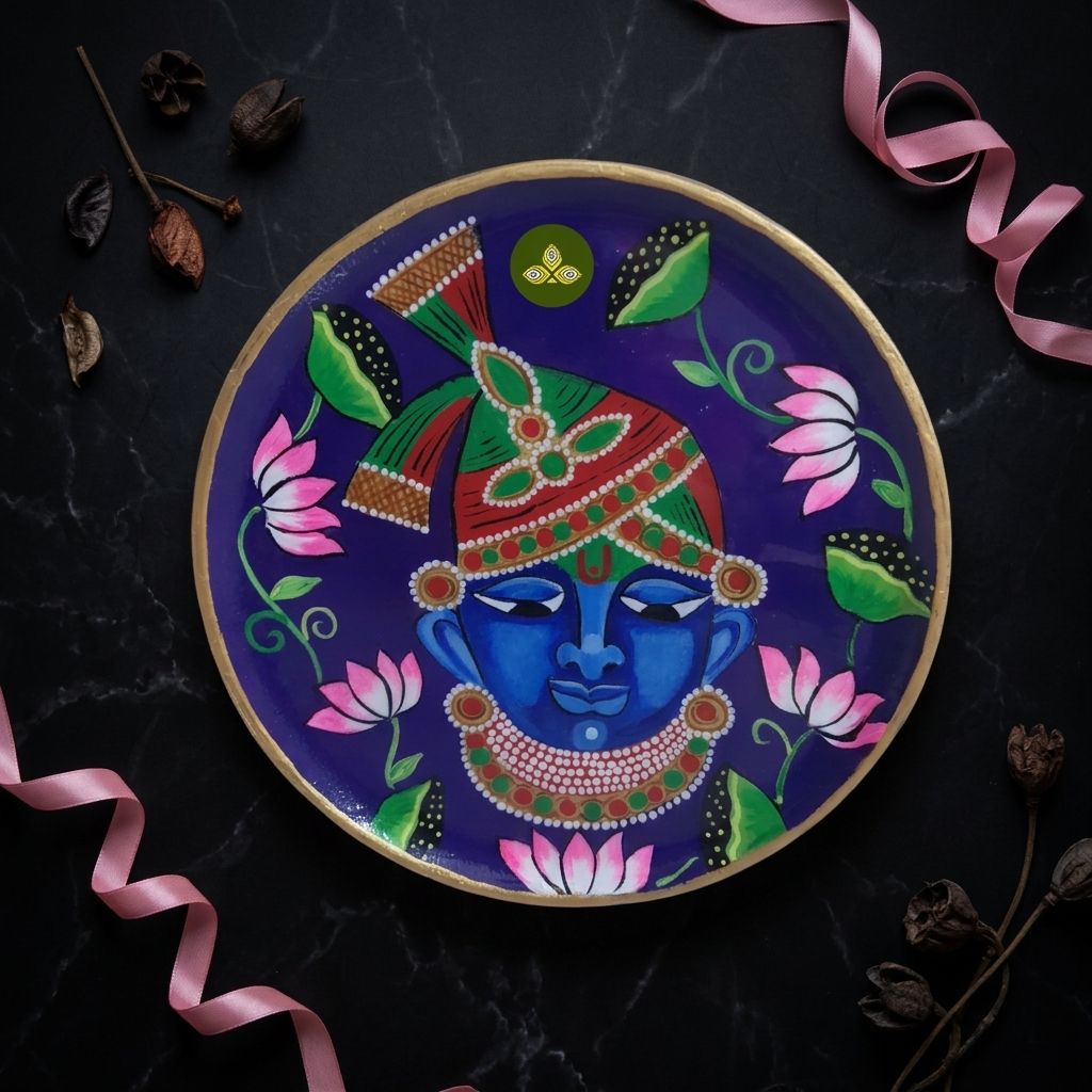 Hand Painted Wooden Shreenathji Mukharvind Pichwai Art Blue Color Wall Plate With Resin Layer