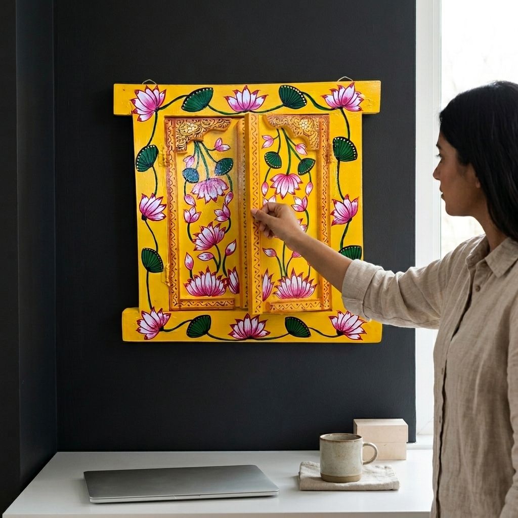 Hand Painted Pichwai Art Wooden Yellow Color Jharokha With Door