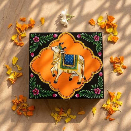 Hand Painted Pichwai Art Wooden Orange Black Color Storage Box