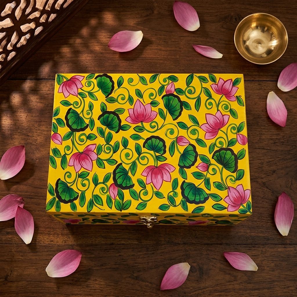 Hand Painted Pichwai Lotus Art Wooden Yellow Color Storage Box