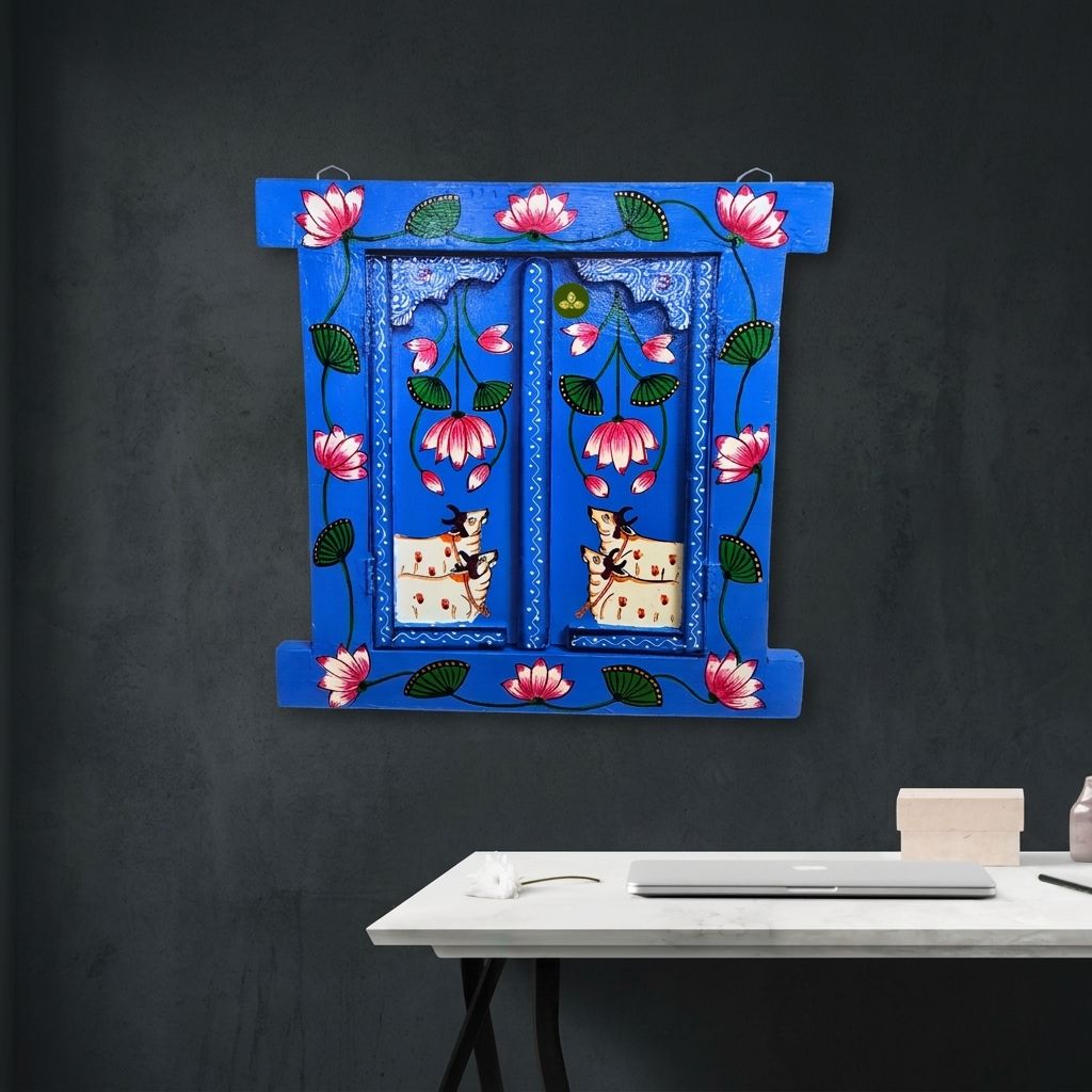 Hand Painted Pichwai Art Wooden Blue Color Jharokha With Door