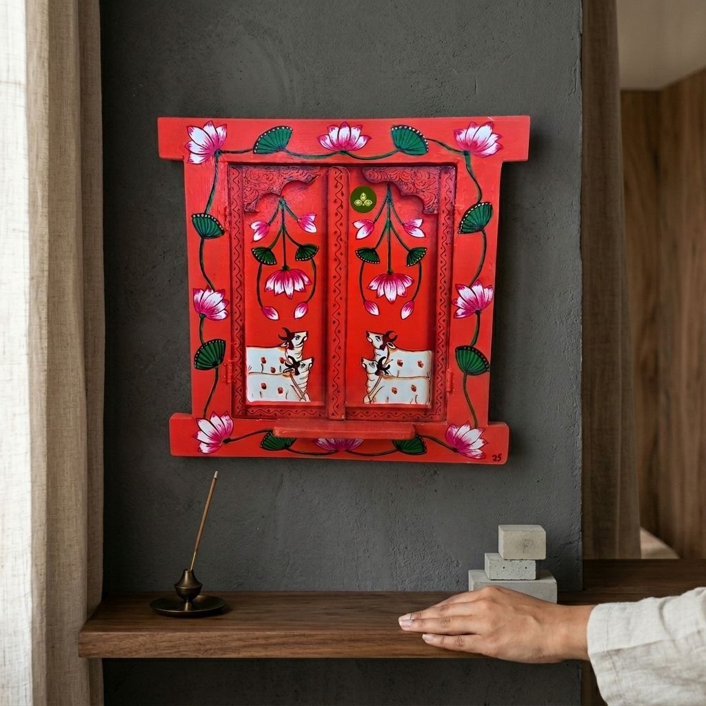 Hand Painted Pichwai Art Wooden Orange Color Jharokha With Door