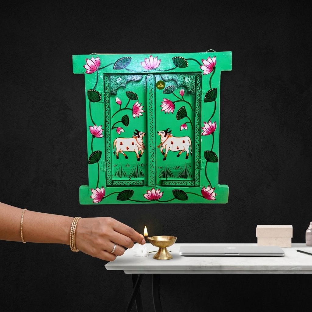 Hand Painted Pichwai Art Wooden Green Color Jharokha