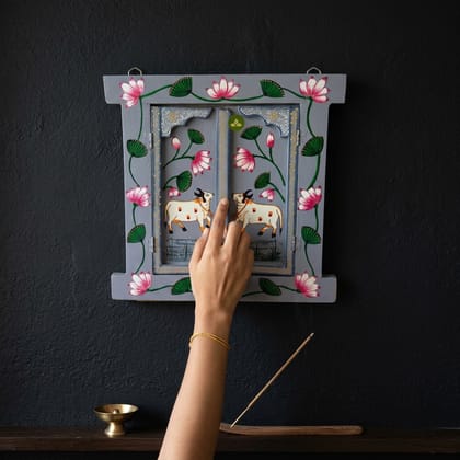 Hand Painted Pichwai Art Wooden Grey Color Jharokha With Door