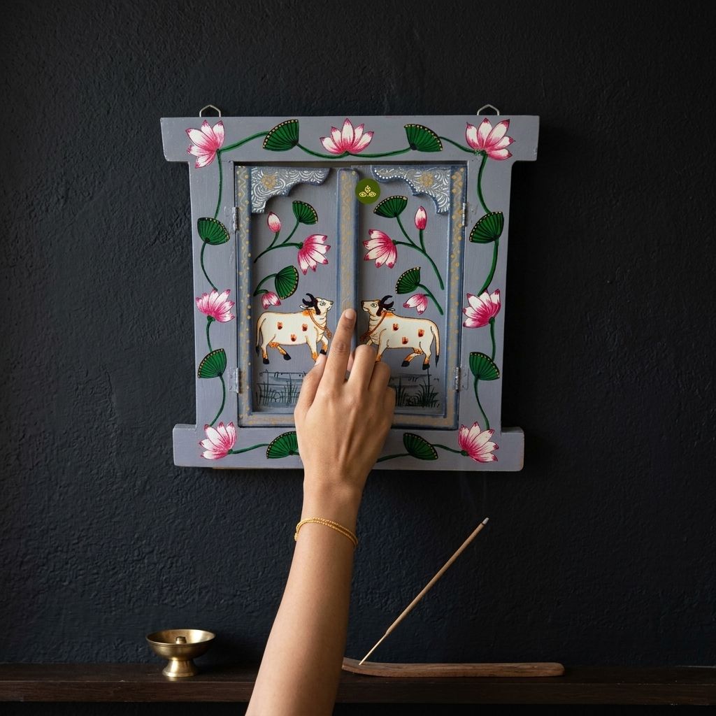 Hand Painted Pichwai Art Wooden Grey Color Jharokha With Door