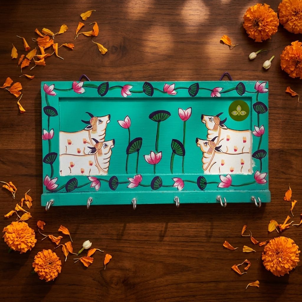 Hand Painted Four Cow Pichwai Art Wooden Green Color Key Holder
