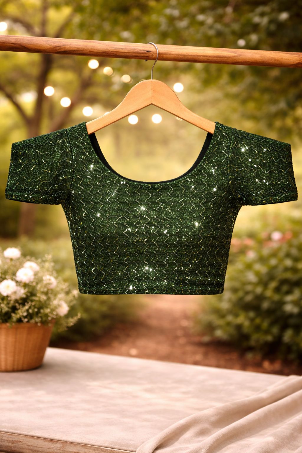 Women's Dark Green Shimmering Glitter Ethnic Blouse