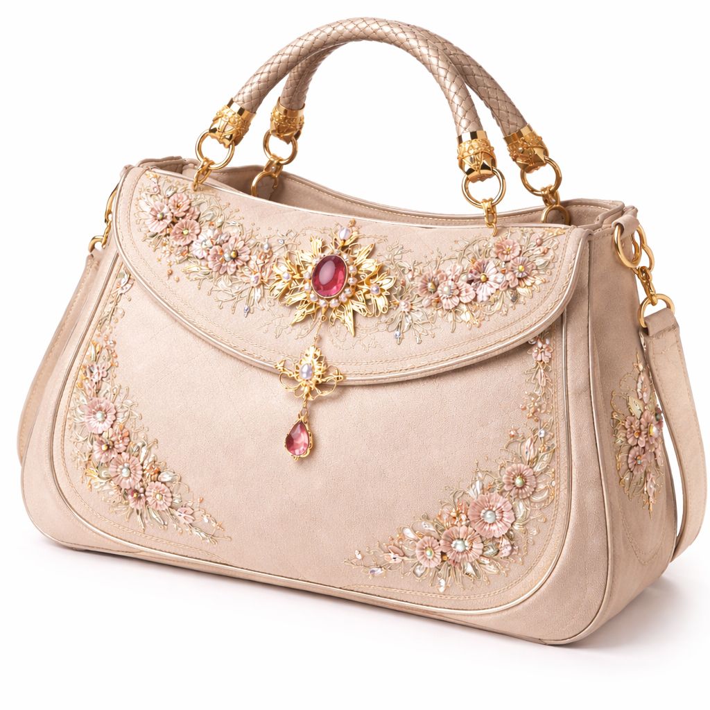 Luxury Floral Embroidered Handbag with Gemstone Accents