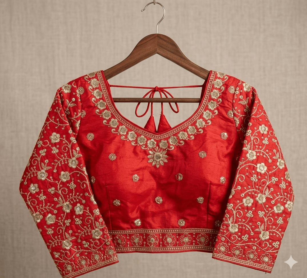 Women's Red Silk Blend Embroidered Ethnic Blouse
